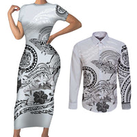 Polynesian Manta Ray Couples Matching Short Sleeve Bodycon Dress and Long Sleeve Button Shirt Gray Floral Turtle Tattoo - Polynesian Pride