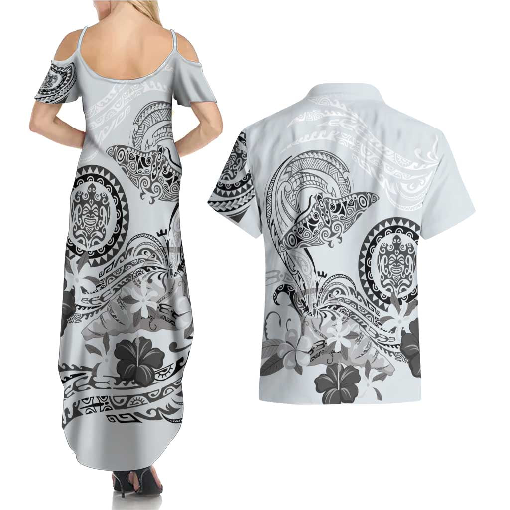 Polynesian Manta Ray Couples Matching Summer Maxi Dress and Hawaiian Shirt Gray Floral Turtle Tattoo - Polynesian Pride