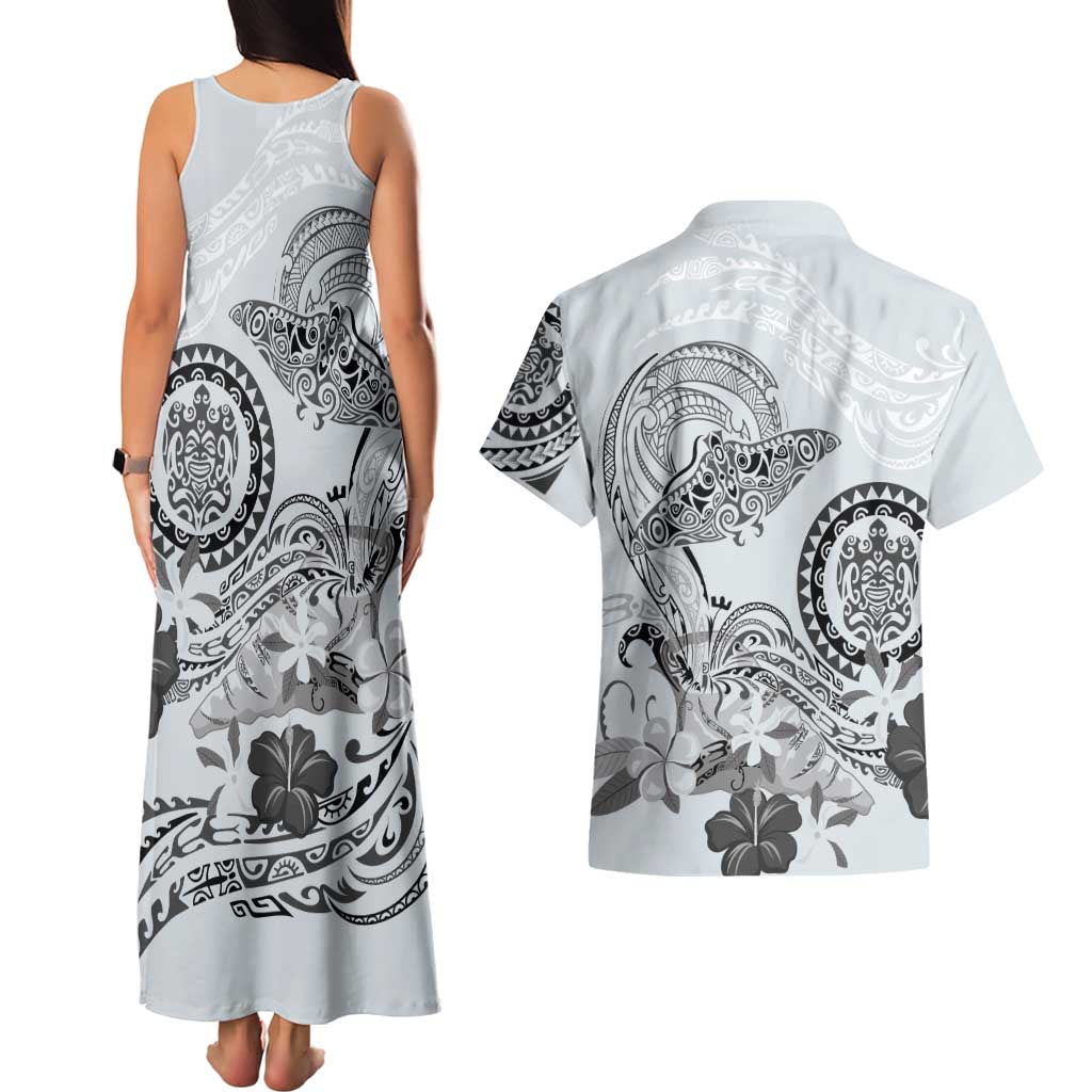 Polynesian Manta Ray Couples Matching Tank Maxi Dress and Hawaiian Shirt Gray Floral Turtle Tattoo - Polynesian Pride
