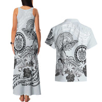 Polynesian Manta Ray Couples Matching Tank Maxi Dress and Hawaiian Shirt Gray Floral Turtle Tattoo - Polynesian Pride
