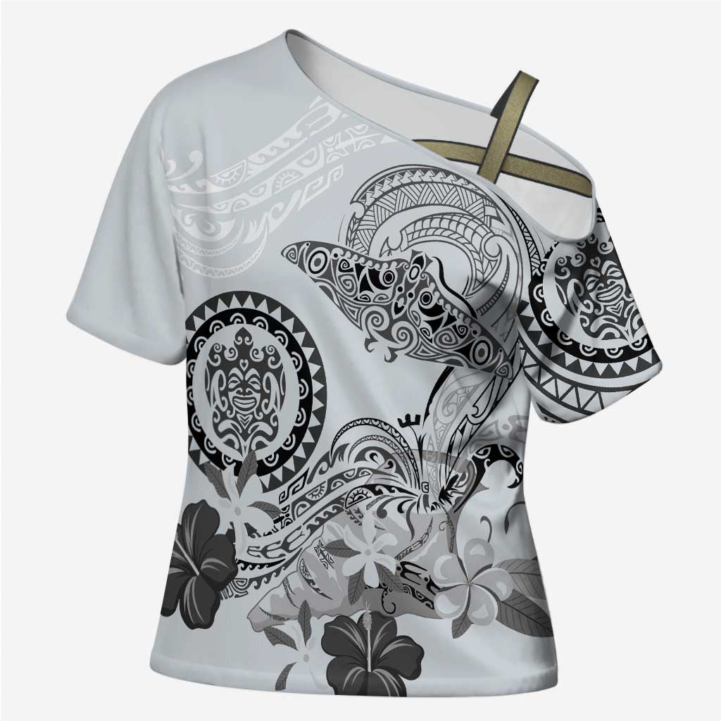 Polynesian Manta Ray Cross Shoulder Shirt Gray Floral Turtle Tattoo - Polynesian Pride
