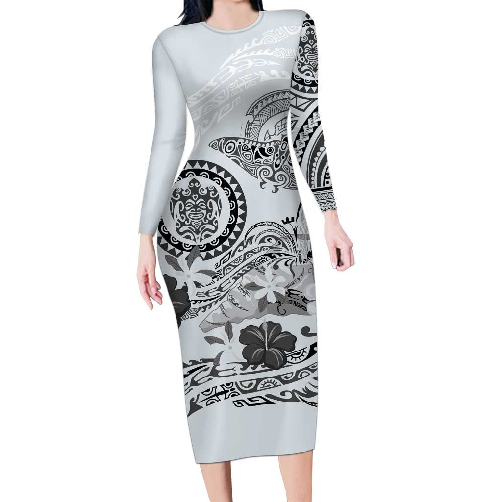 Polynesian Manta Ray Family Matching Long Sleeve Bodycon Dress and Hawaiian Shirt Gray Floral Turtle Tattoo - Polynesian Pride