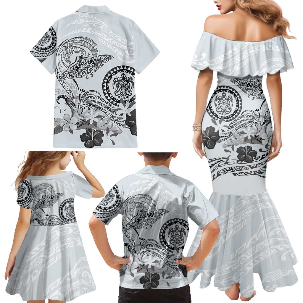 Polynesian Manta Ray Family Matching Mermaid Dress and Hawaiian Shirt Gray Floral Turtle Tattoo - Polynesian Pride