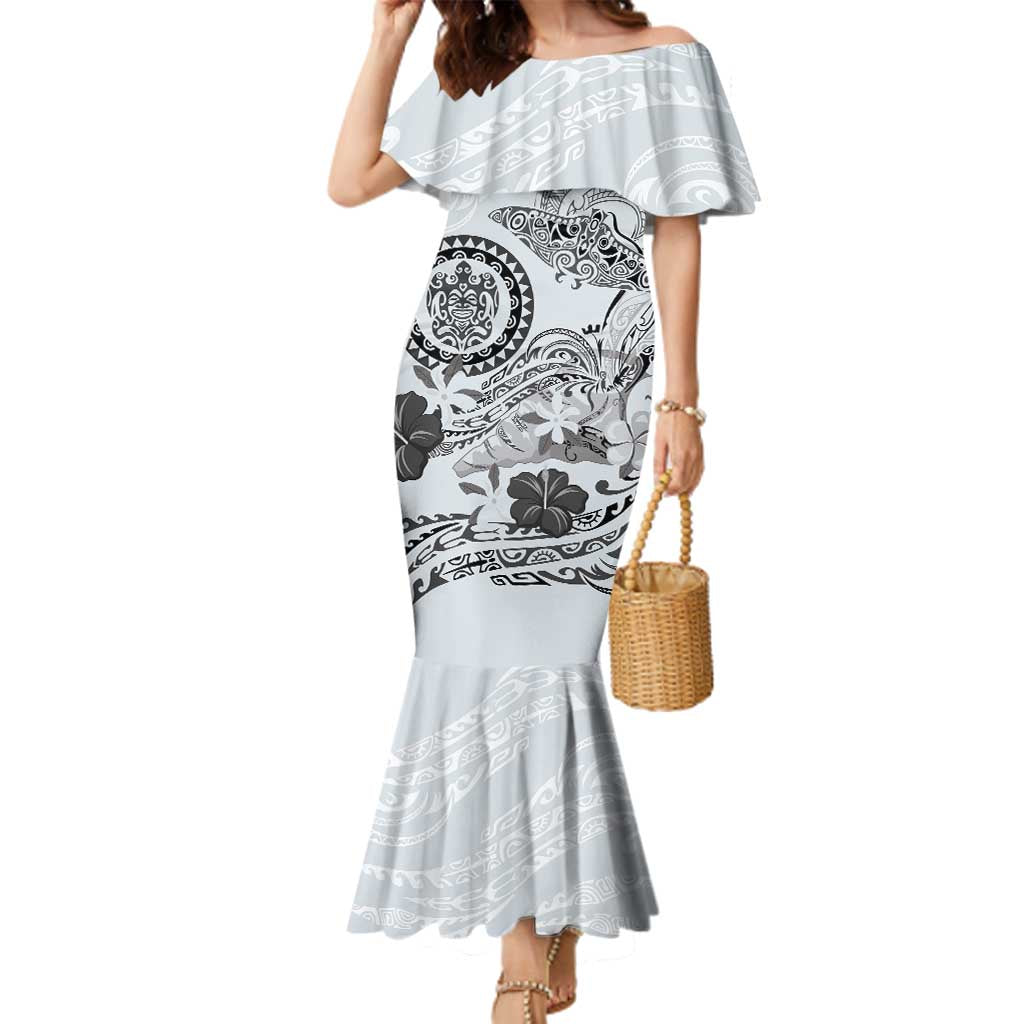 Polynesian Manta Ray Family Matching Mermaid Dress and Hawaiian Shirt Gray Floral Turtle Tattoo - Polynesian Pride