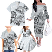 Polynesian Manta Ray Family Matching Off The Shoulder Long Sleeve Dress and Hawaiian Shirt Gray Floral Turtle Tattoo - Polynesian Pride