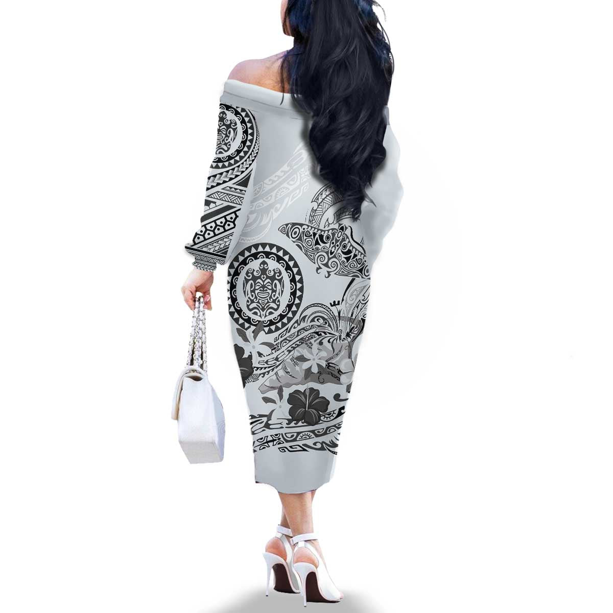 Polynesian Manta Ray Family Matching Off The Shoulder Long Sleeve Dress and Hawaiian Shirt Gray Floral Turtle Tattoo - Polynesian Pride