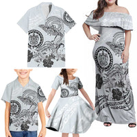 Polynesian Manta Ray Family Matching Off Shoulder Maxi Dress and Hawaiian Shirt Gray Floral Turtle Tattoo - Polynesian Pride