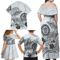 Polynesian Manta Ray Family Matching Off Shoulder Maxi Dress and Hawaiian Shirt Gray Floral Turtle Tattoo - Polynesian Pride
