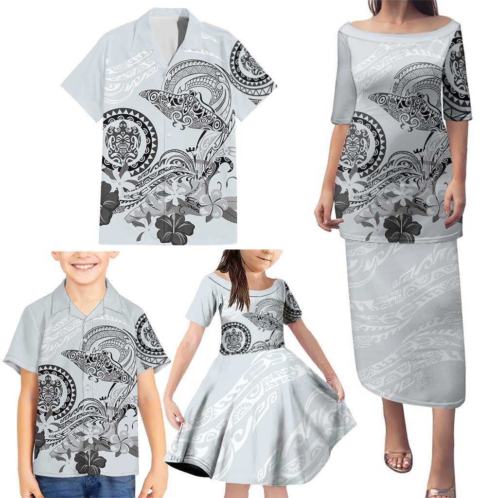 Polynesian Manta Ray Family Matching Puletasi and Hawaiian Shirt Gray Floral Turtle Tattoo - Polynesian Pride