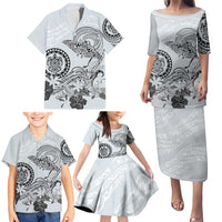 Polynesian Manta Ray Family Matching Puletasi and Hawaiian Shirt Gray Floral Turtle Tattoo - Polynesian Pride