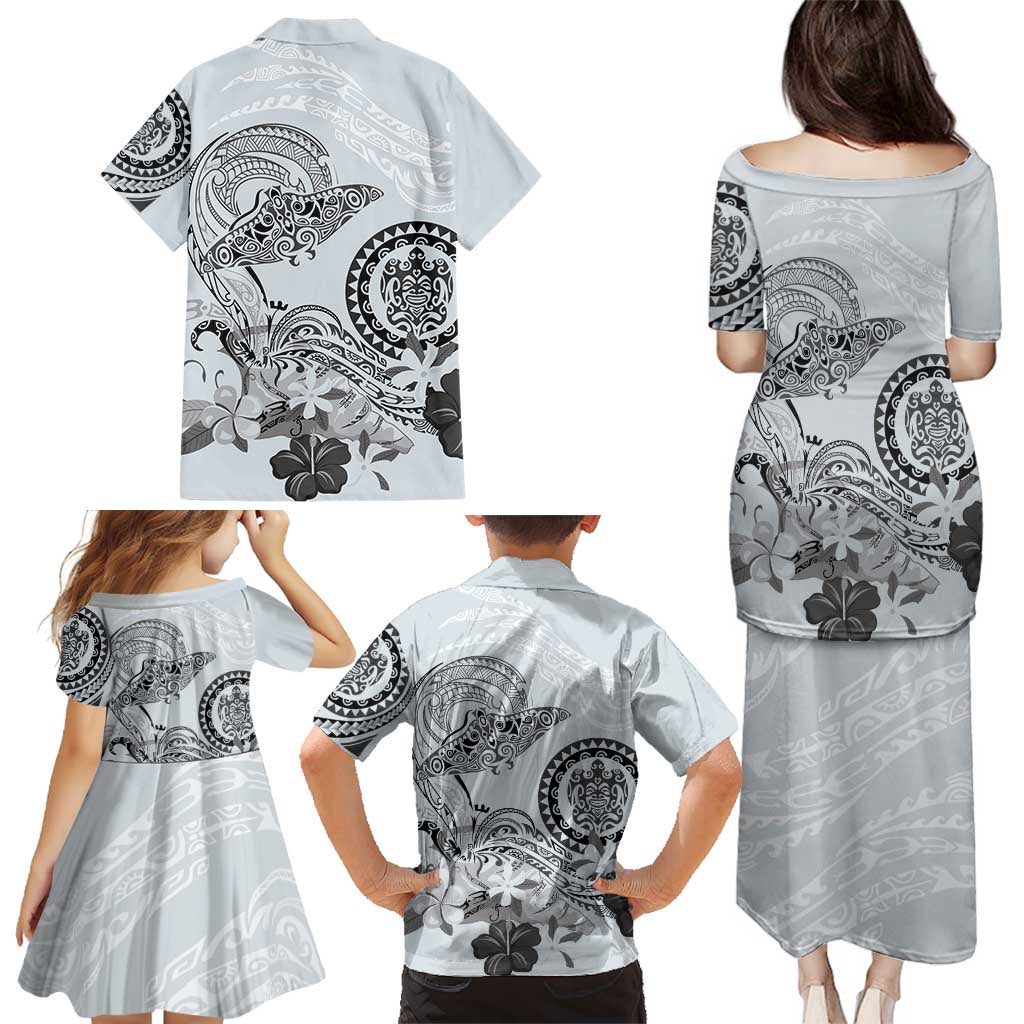 Polynesian Manta Ray Family Matching Puletasi and Hawaiian Shirt Gray Floral Turtle Tattoo - Polynesian Pride