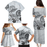 Polynesian Manta Ray Family Matching Puletasi and Hawaiian Shirt Gray Floral Turtle Tattoo - Polynesian Pride