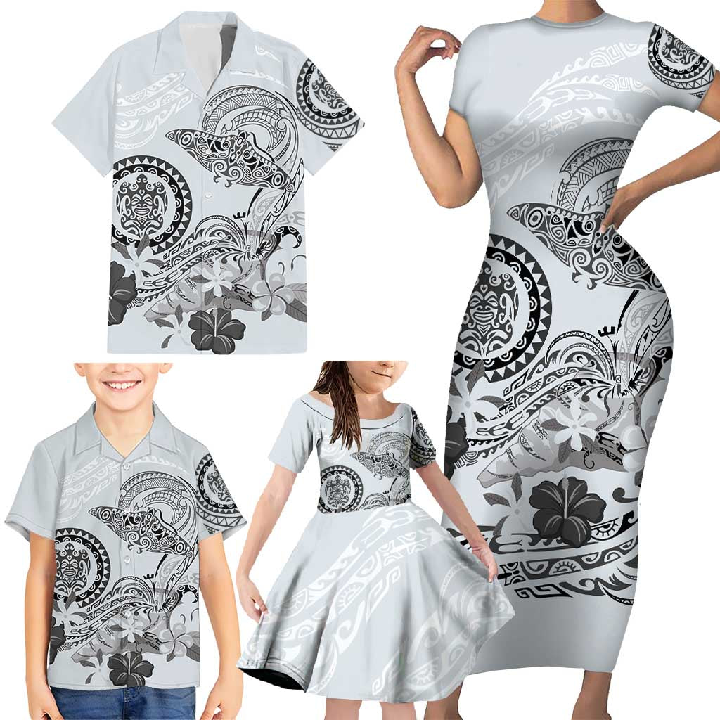 Polynesian Manta Ray Family Matching Short Sleeve Bodycon Dress and Hawaiian Shirt Gray Floral Turtle Tattoo - Polynesian Pride