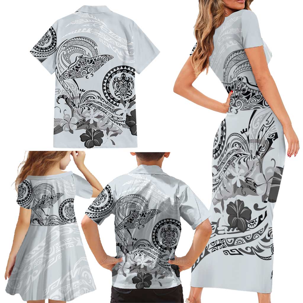 Polynesian Manta Ray Family Matching Short Sleeve Bodycon Dress and Hawaiian Shirt Gray Floral Turtle Tattoo - Polynesian Pride