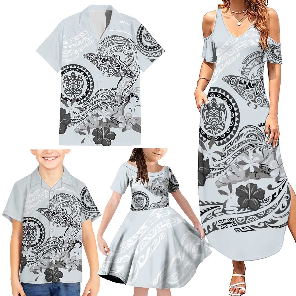 Polynesian Manta Ray Family Matching Summer Maxi Dress and Hawaiian Shirt Gray Floral Turtle Tattoo - Polynesian Pride