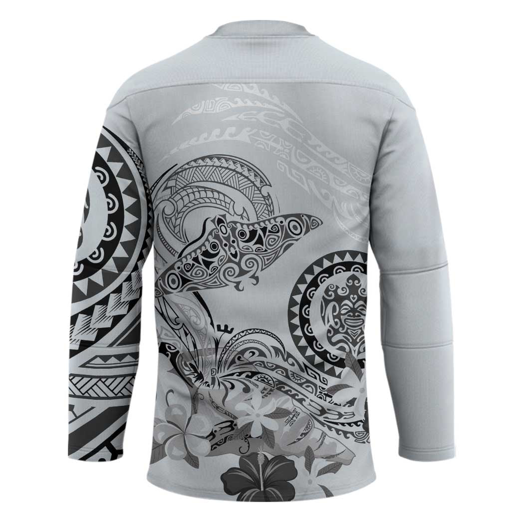 Polynesian Manta Ray Hockey Jersey Gray Floral Turtle Tattoo - Polynesian Pride