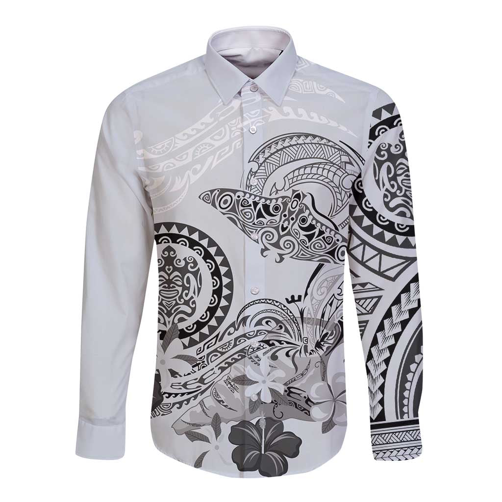 Polynesian Manta Ray Long Sleeve Button Shirt Gray Floral Turtle Tattoo - Polynesian Pride