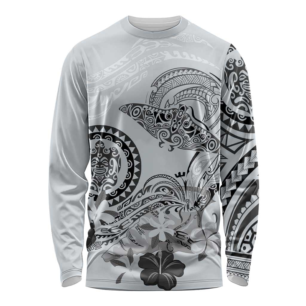 Polynesian Manta Ray Long Sleeve Shirt Gray Floral Turtle Tattoo - Polynesian Pride