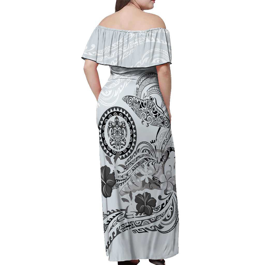 Polynesian Manta Ray Off Shoulder Maxi Dress Gray Floral Turtle Tattoo - Polynesian Pride