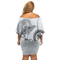Polynesian Manta Ray Off Shoulder Short Dress Gray Floral Turtle Tattoo - Polynesian Pride