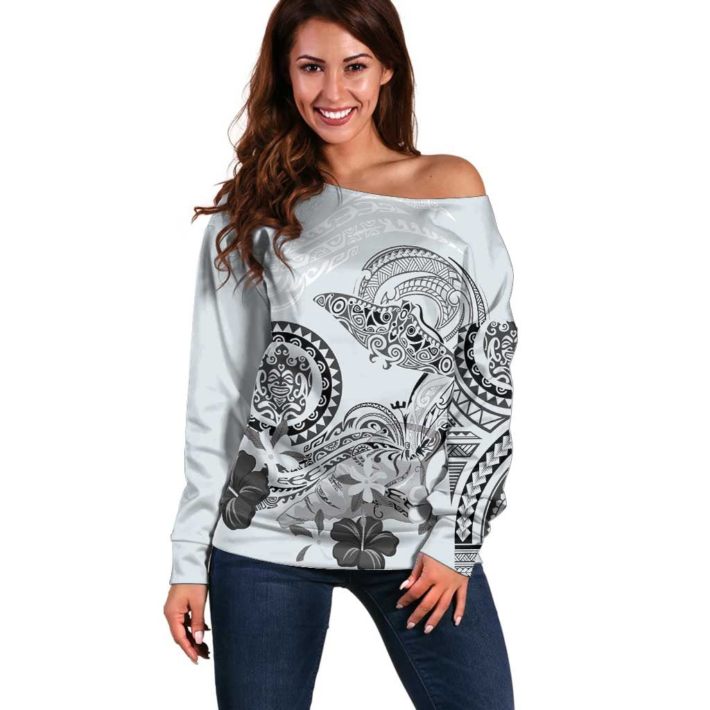 Polynesian Manta Ray Off Shoulder Sweater Gray Floral Turtle Tattoo - Polynesian Pride