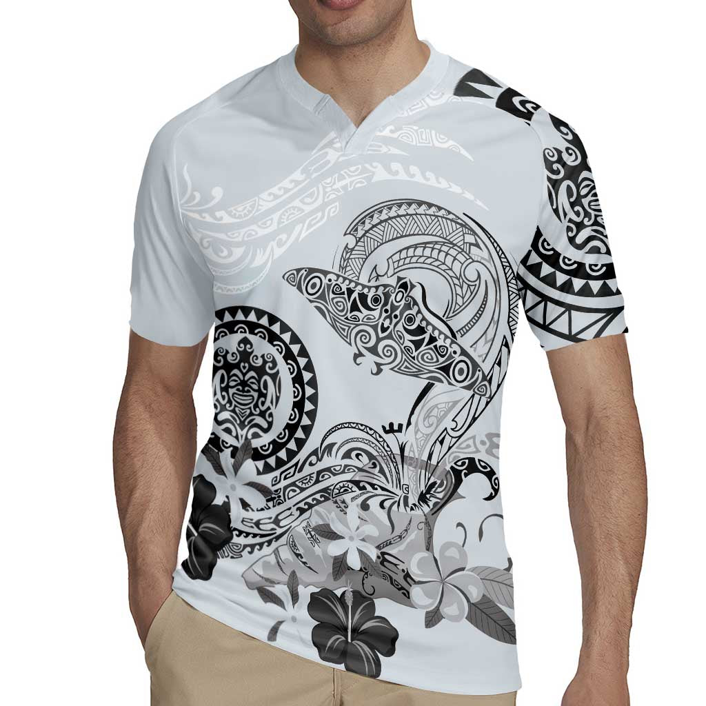 Polynesian Manta Ray Rugby Jersey Gray Floral Turtle Tattoo - Polynesian Pride