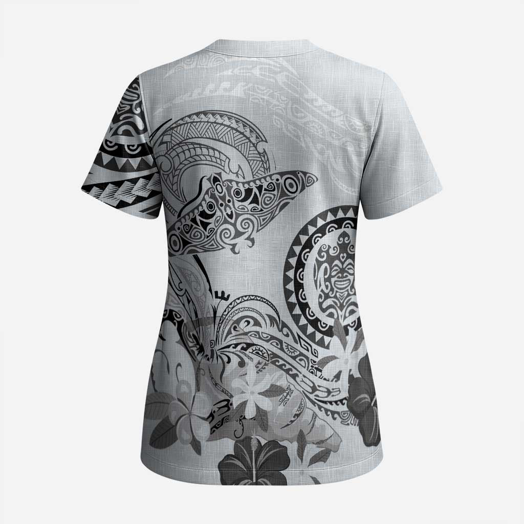 Polynesian Manta Ray Scrub Top Gray Floral Turtle Tattoo - Polynesian Pride