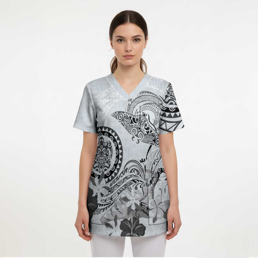 Polynesian Manta Ray Scrub Top Gray Floral Turtle Tattoo - Polynesian Pride