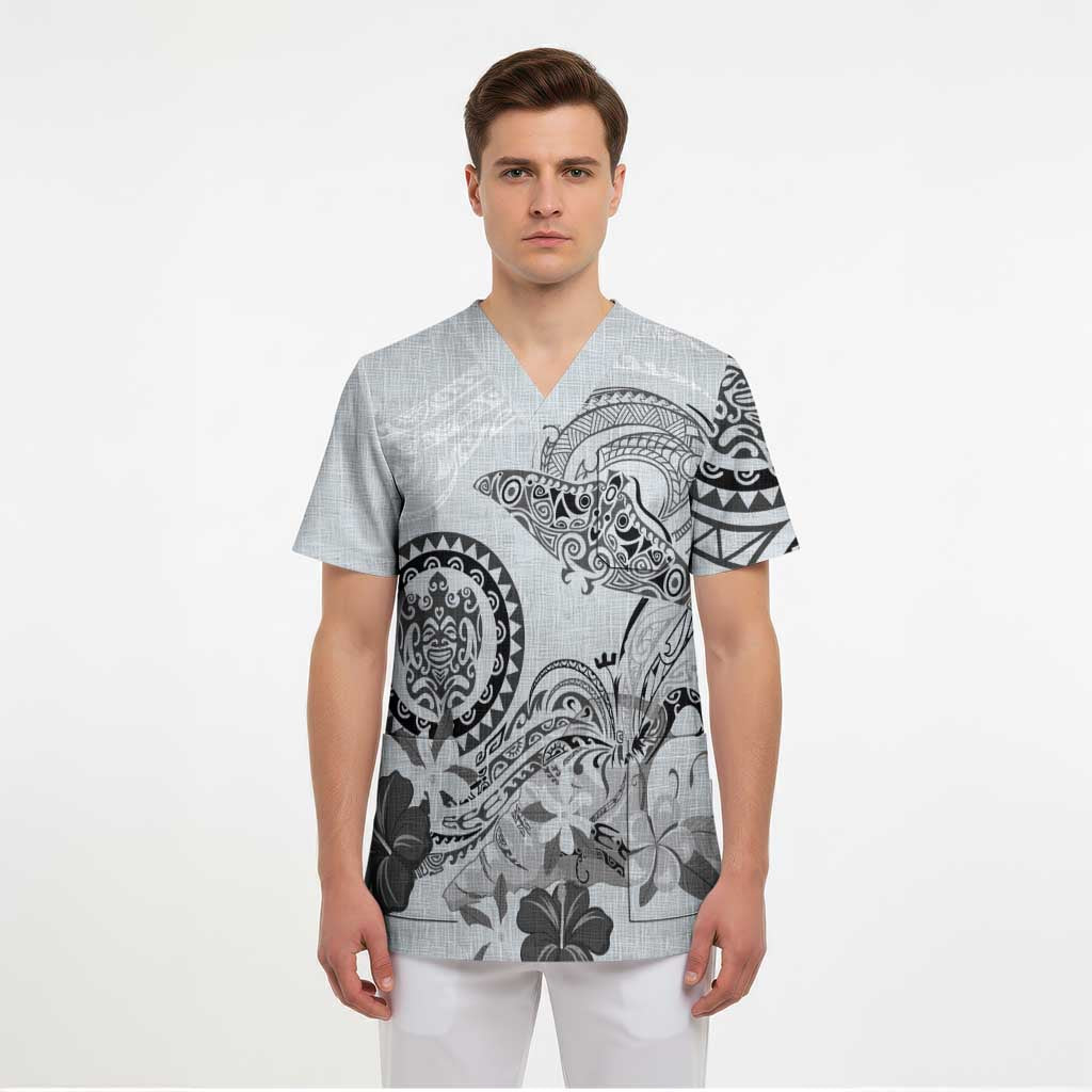 Polynesian Manta Ray Scrub Top Gray Floral Turtle Tattoo - Polynesian Pride