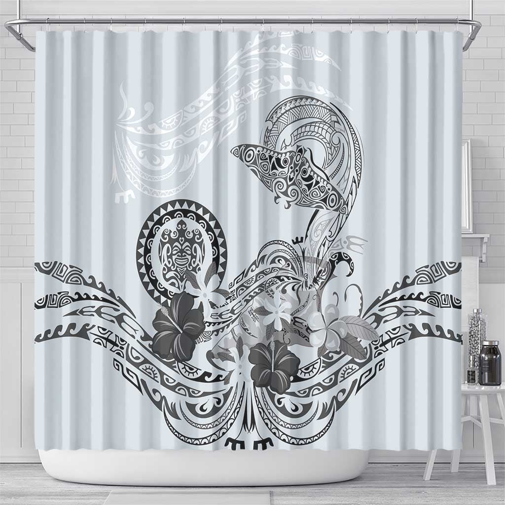 Polynesian Manta Ray Shower Curtain Gray Floral Turtle Tattoo - Polynesian Pride