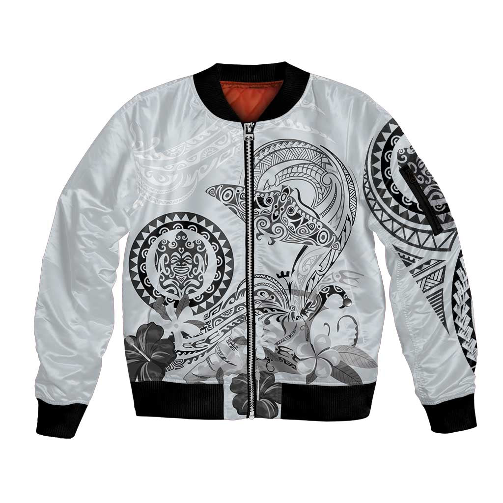 Polynesian Manta Ray Sleeve Zip Bomber Jacket Gray Floral Turtle Tattoo - Polynesian Pride