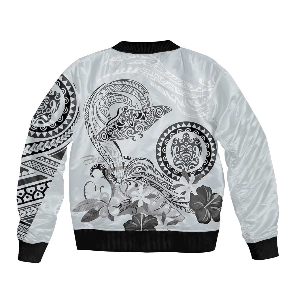 Polynesian Manta Ray Sleeve Zip Bomber Jacket Gray Floral Turtle Tattoo - Polynesian Pride