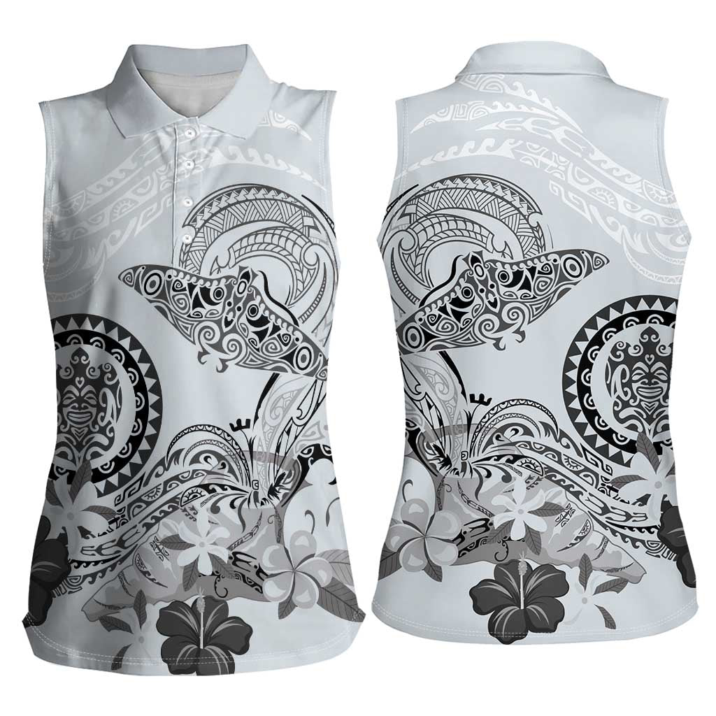 Polynesian Manta Ray Women Sleeveless Polo Shirt Gray Floral Turtle Tattoo - Polynesian Pride