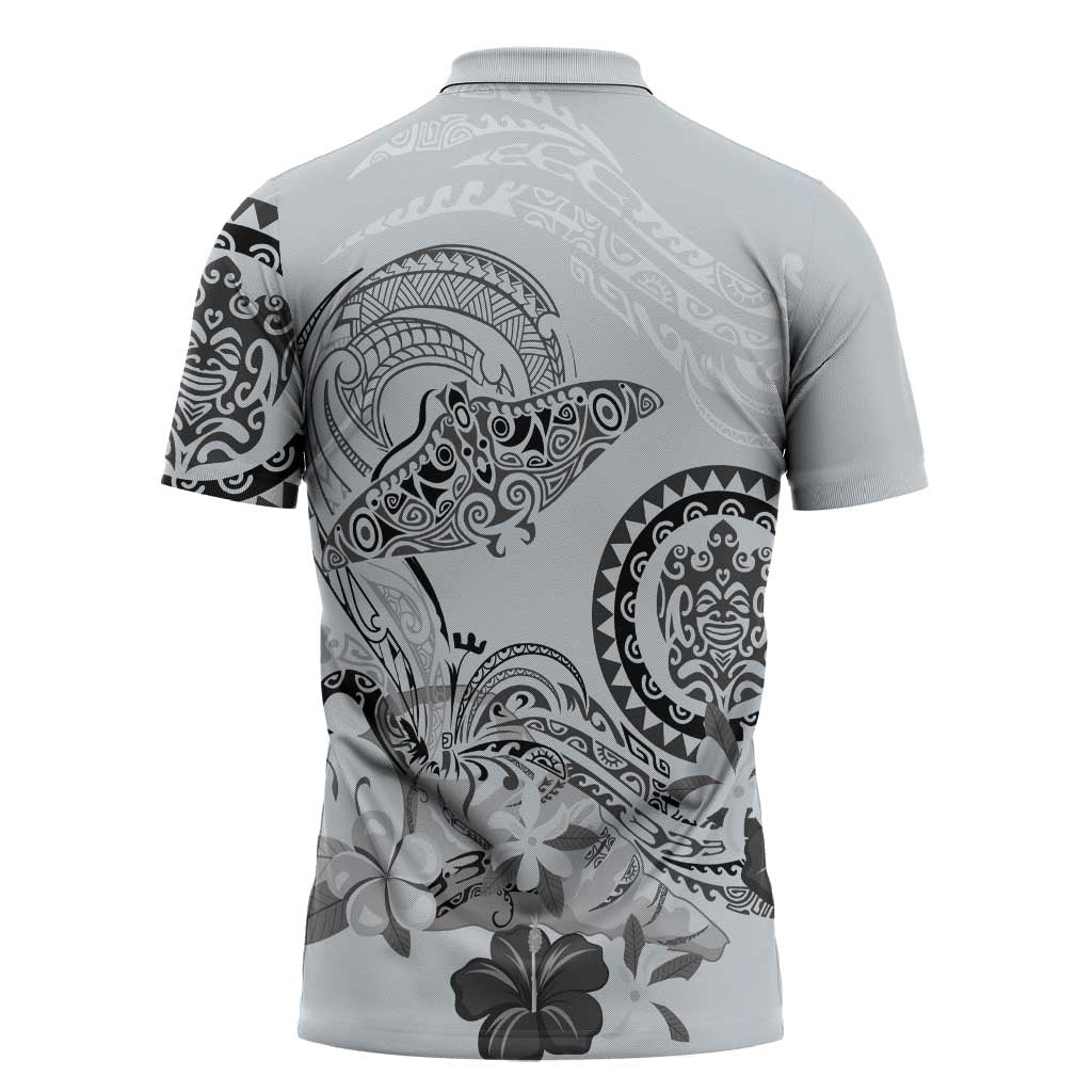 Polynesian Manta Ray Zipper Polo Shirt Gray Floral Turtle Tattoo - Polynesian Pride