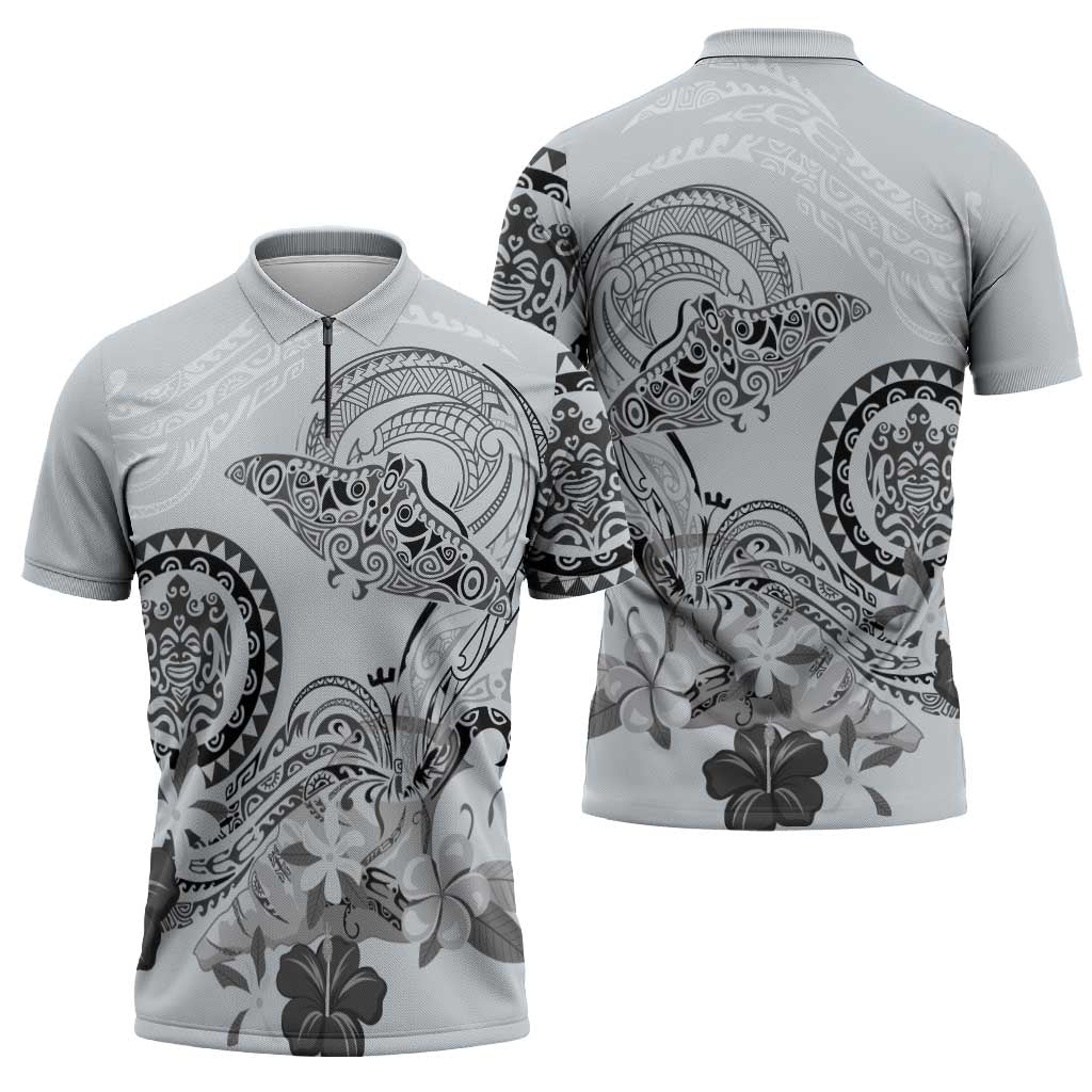 Polynesian Manta Ray Zipper Polo Shirt Gray Floral Turtle Tattoo - Polynesian Pride
