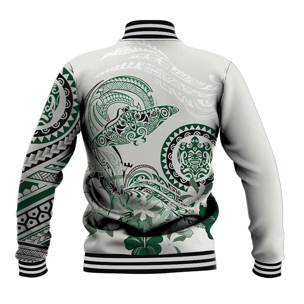 Polynesian Manta Ray Baseball Jacket Green Floral Turtle Tattoo - Polynesian Pride