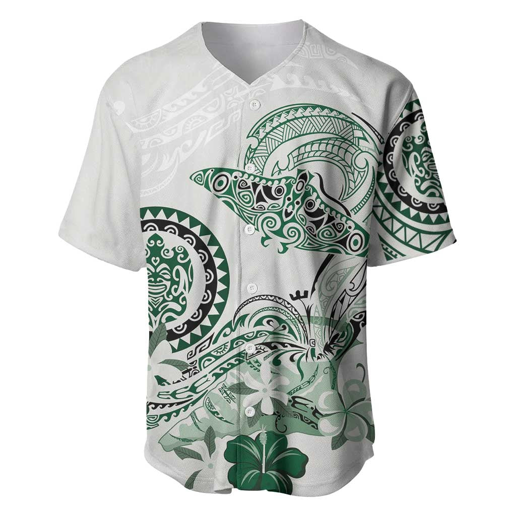 Polynesian Manta Ray Baseball Jersey Green Floral Turtle Tattoo - Polynesian Pride