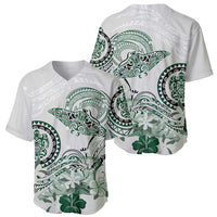 Polynesian Manta Ray Baseball Jersey Green Floral Turtle Tattoo - Polynesian Pride