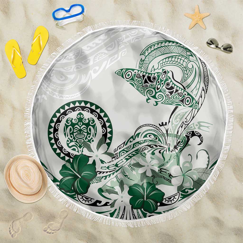 Polynesian Manta Ray Beach Blanket Green Floral Turtle Tattoo - Polynesian Pride