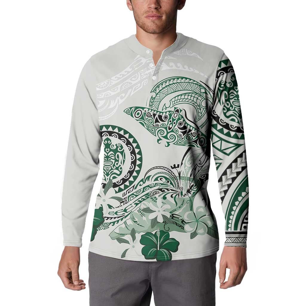 Polynesian Manta Ray Button Sweatshirt Green Floral Turtle Tattoo - Polynesian Pride