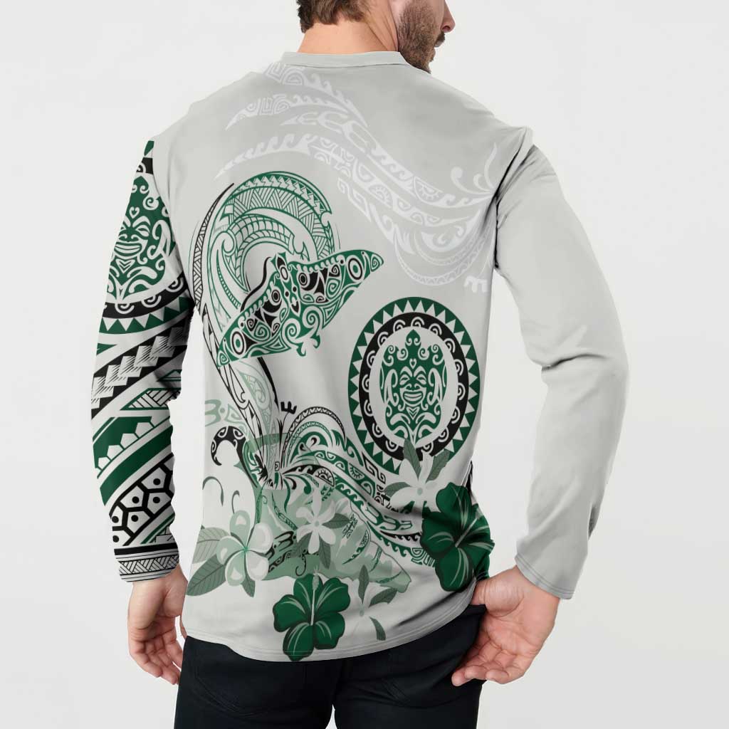 Polynesian Manta Ray Button Sweatshirt Green Floral Turtle Tattoo - Polynesian Pride