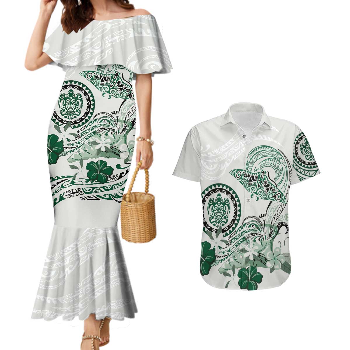 Polynesian Manta Ray Couples Matching Mermaid Dress and Hawaiian Shirt Green Floral Turtle Tattoo - Polynesian Pride
