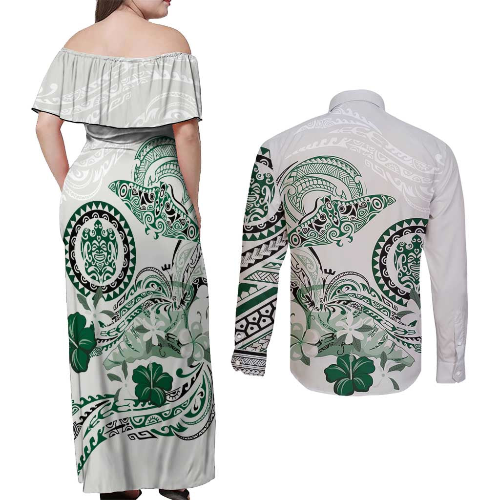 Polynesian Manta Ray Couples Matching Off Shoulder Maxi Dress and Long Sleeve Button Shirt Green Floral Turtle Tattoo - Polynesian Pride