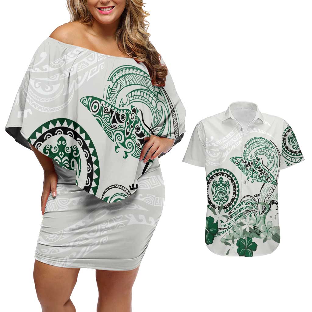 Polynesian Manta Ray Couples Matching Off Shoulder Short Dress and Hawaiian Shirt Green Floral Turtle Tattoo - Polynesian Pride
