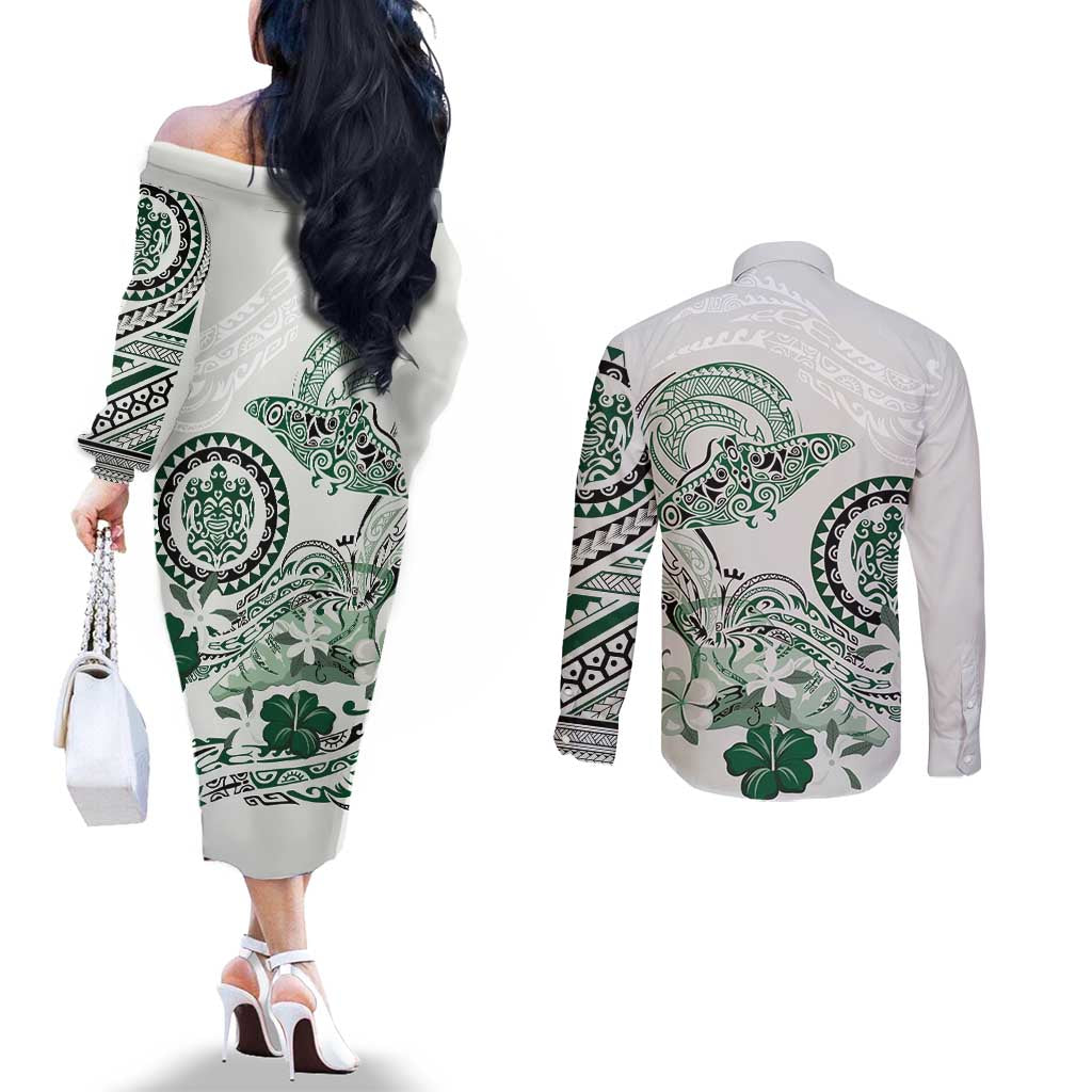 Polynesian Manta Ray Couples Matching Off The Shoulder Long Sleeve Dress and Long Sleeve Button Shirt Green Floral Turtle Tattoo - Polynesian Pride