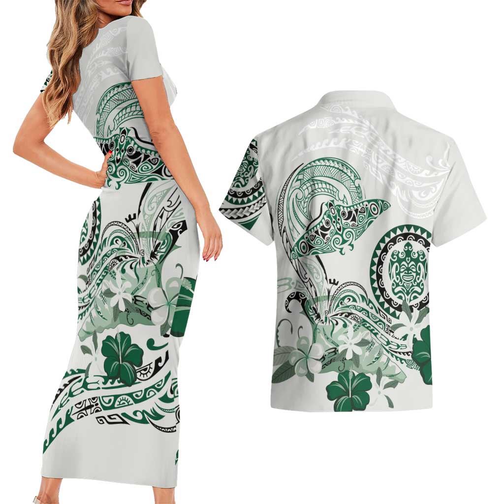 Polynesian Manta Ray Couples Matching Short Sleeve Bodycon Dress and Hawaiian Shirt Green Floral Turtle Tattoo - Polynesian Pride