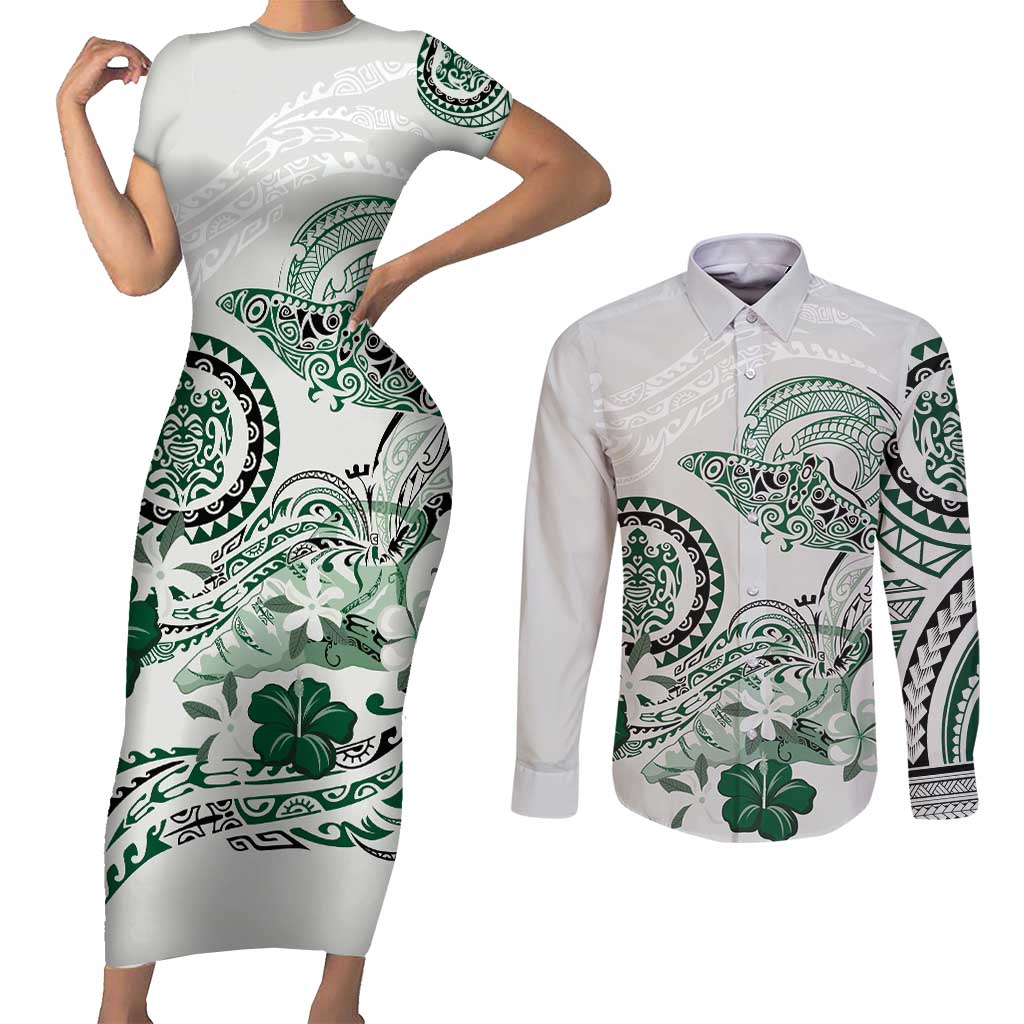 Polynesian Manta Ray Couples Matching Short Sleeve Bodycon Dress and Long Sleeve Button Shirt Green Floral Turtle Tattoo - Polynesian Pride