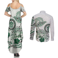Polynesian Manta Ray Couples Matching Summer Maxi Dress and Long Sleeve Button Shirt Green Floral Turtle Tattoo - Polynesian Pride