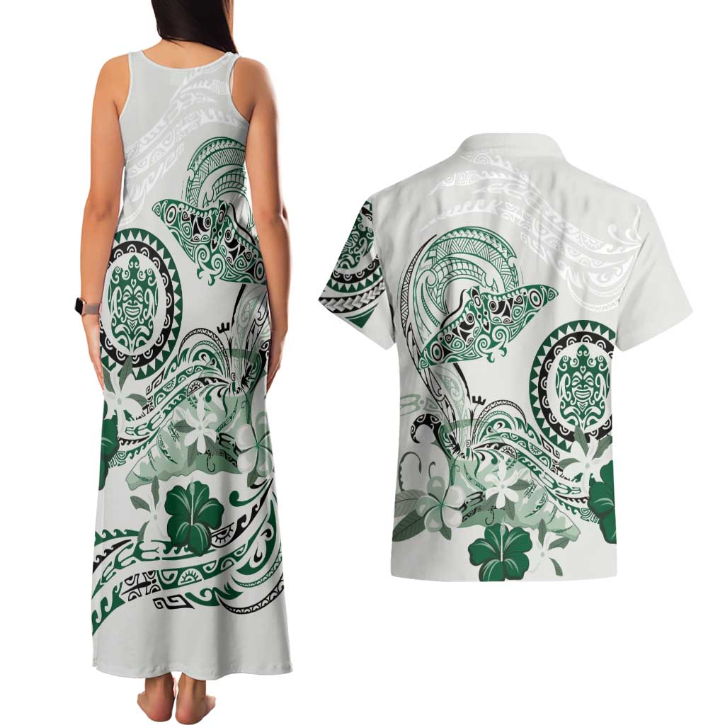Polynesian Manta Ray Couples Matching Tank Maxi Dress and Hawaiian Shirt Green Floral Turtle Tattoo - Polynesian Pride