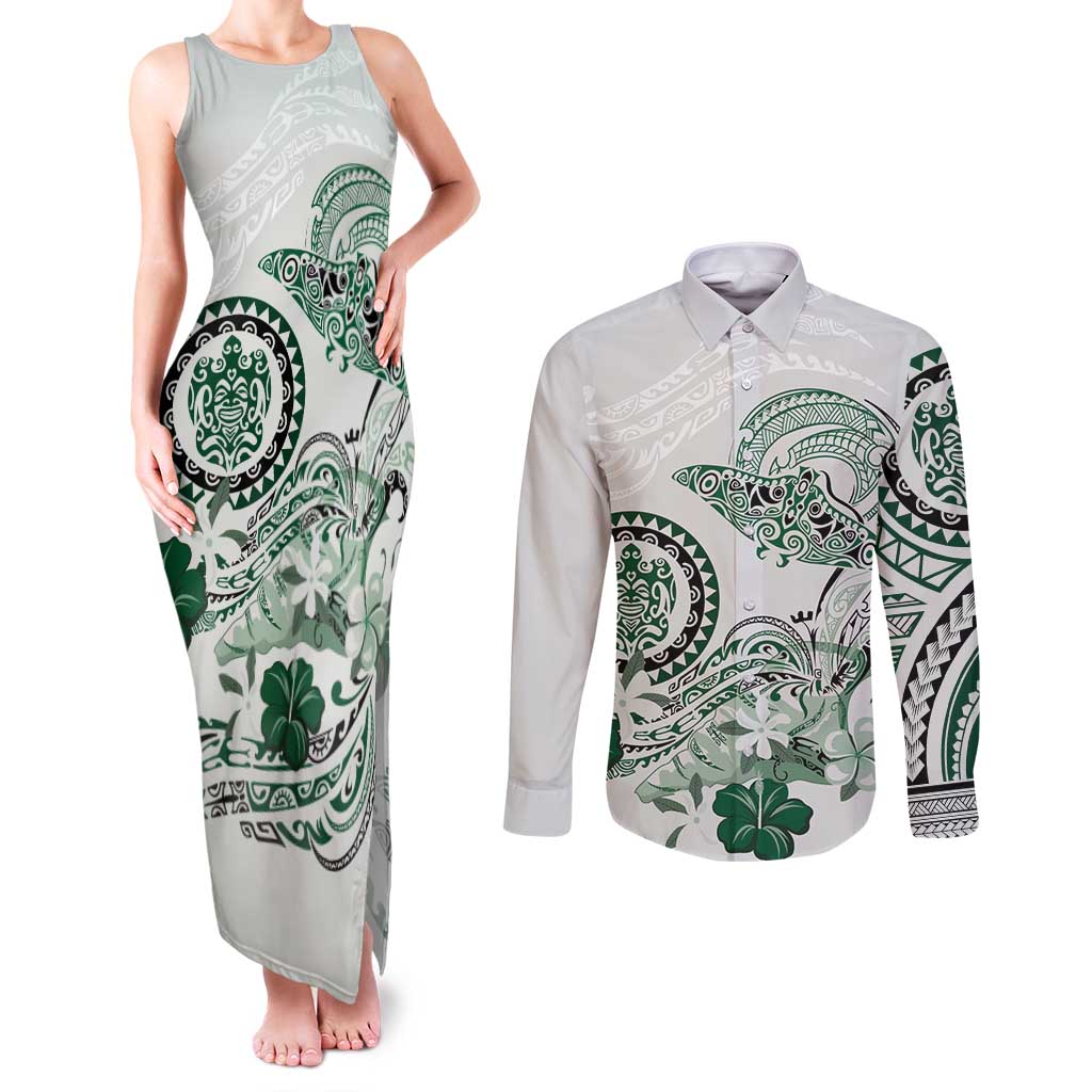 Polynesian Manta Ray Couples Matching Tank Maxi Dress and Long Sleeve Button Shirt Green Floral Turtle Tattoo - Polynesian Pride
